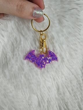 Handmade Purple Glitter Bat Resin Keychain